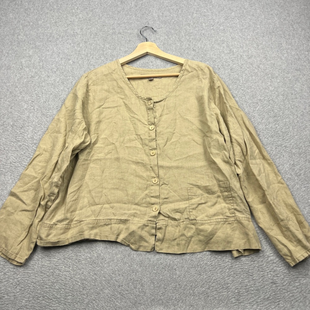 FLAX Shirt Jacket Womens Large Tan 100% Linen Scoop Neck Pocket Boxy Button Up